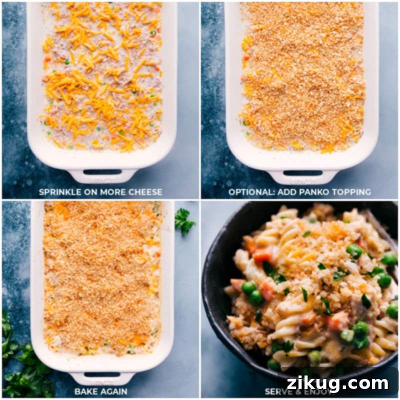 Process shots-- images of cheese and panko being added as a topping to the Tuna Casserole, and then the finished casserole baking again until golden brown