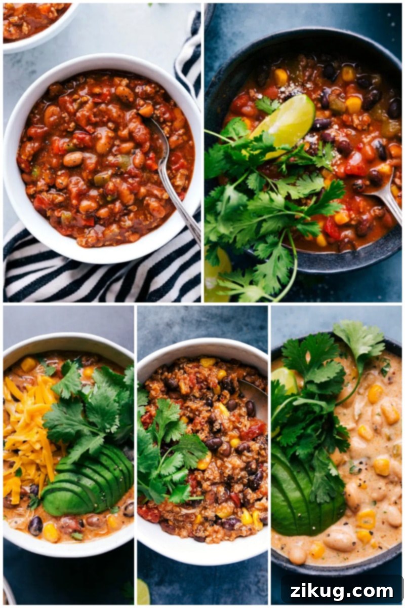 These 'dump and go' slow cooker chili recipes from ChelseasMessyApron.com are easy, popular, and perfect for any occasion. Find classic beef, taco, chicken, quinoa, and white chicken chili for simple, flavorful meals. #crockpot #slowcooker #dumpandgo #quickmeals #nofuss #dinner #carefreemeals #chicken #chili #quinoa Collage of various slow cooker chili recipes, from classic to spicy white chicken.