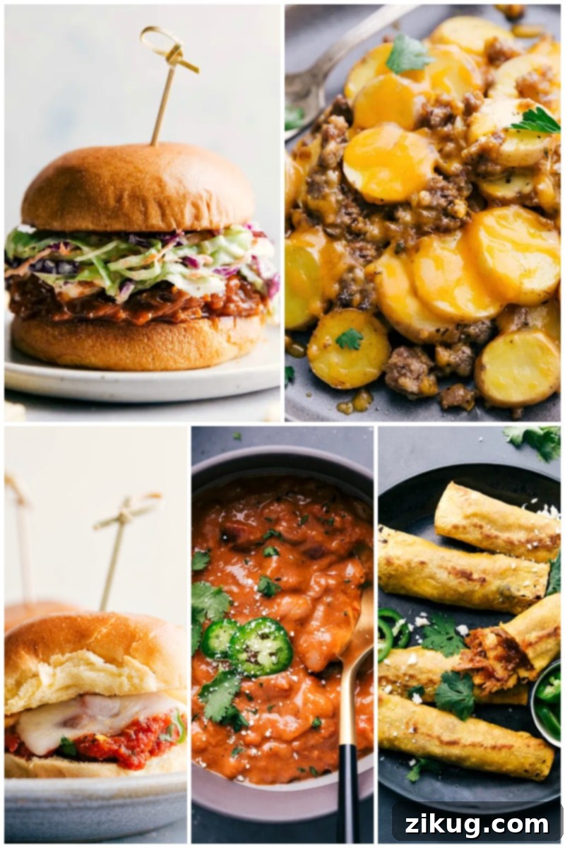 These easy 'dump and go' slow cooker recipes from ChelseasMessyApron.com make dinner simple and delicious. Explore pulled pork, cheesy potatoes, meatball sliders, pinto beans, and pork taquitos for hassle-free weeknight meals. #crockpot #slowcooker #dumpandgo #quickmeals #nofuss #dinner #carefreemeals #chicken #chili #quinoa Collage of simple crock pot recipes for quick and easy meals.