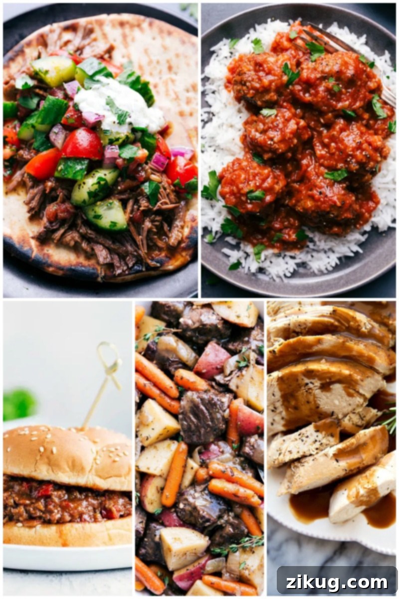 Simplify dinner with these 'dump and go' slow cooker recipes from ChelseasMessyApron.com. Enjoy substantial meals like gyros, porcupine meatballs, sloppy joes, pot roast, and turkey breast with minimal kitchen fuss. #crockpot #slowcooker #dumpandgo #quickmeals #nofuss #dinner #carefreemeals #chicken #chili #quinoa Collage of diverse dump-and-go slow cooker dinner recipes.
