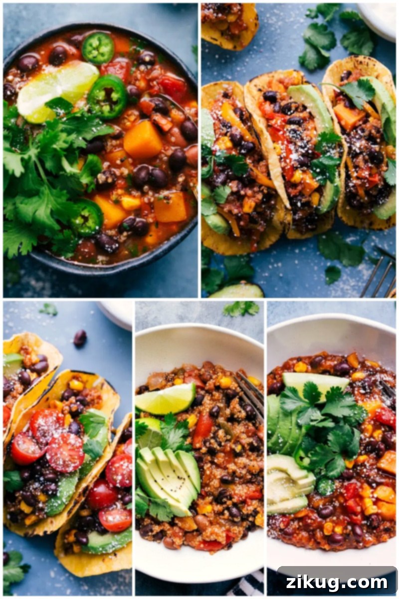 Explore healthy and easy 'dump and go' slow cooker quinoa recipes from ChelseasMessyApron.com. These nutritious dishes include butternut squash chili, fajitas, and tacos, perfect for busy families seeking wholesome meals. #crockpot #slowcooker #dumpandgo #quickmeals #nofuss #dinner #carefreemeals #chicken #chili #quinoa Collage of diverse quinoa dump-and-go slow cooker recipes for healthy meals.