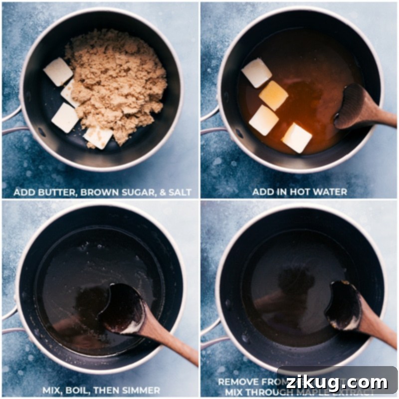 You'll be amazed how quick and easy this syrup is to make! Plus, when you make it yourself, you don't have to worry about any artificial ingredients or corn syrup. Recipe via ChelseasMessyApron #dessert #best #quick #easy #simple #breakfast #sauce #brunch #pancake #syrup Process shots showing butter, brown sugar, salt, and hot water being added to a pot, melting together, then maple extract being stirred in off heat.