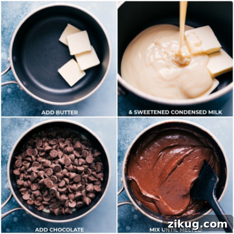 Foolproof homemade chocolate Fudge Recipe! No special equipment or candy thermometer needed to make this quick and delicious candy. Recipe via ChelseasMessyApron.com #fudge #candy #chocolate #easy #fast #treat Process shots: melt together the butter, sweetened condensed milk, and chocolate