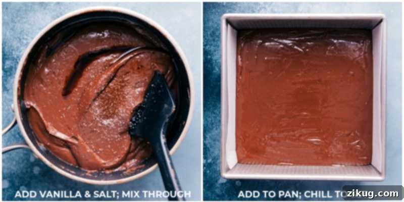 The easiest, foolproof homemade chocolate Fudge Recipe! Recipe via ChelseasMessyApron.com #fudge #candy #chocolate #easy #fast #treat Process shots: mix in vanilla and salt; add to a pan and chill to set