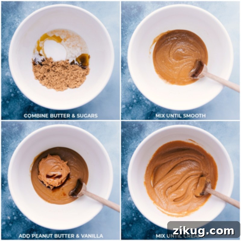 Easy steps to create perfectly textured Peanut Butter Chocolate Chip Cookies, rich in chocolate and peanut butter flavor Process shots of melted butter, sugars, peanut butter, and vanilla being mixed together in a bowl, illustrating the initial steps of making the cookie dough