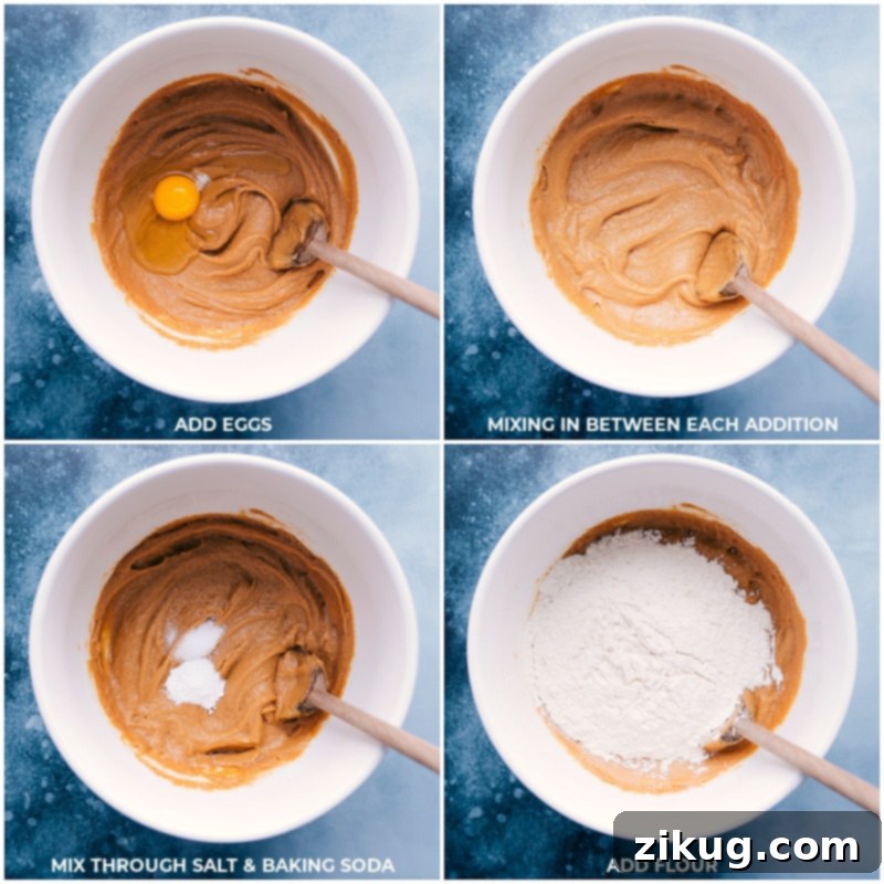 Detailed steps for mixing Peanut Butter Chocolate Chip Cookie dough, ensuring a thick, sweet, soft, and chewy texture with ample chocolate Process shots showing eggs, salt, baking soda, and flour being added to the mixture, and all ingredients being carefully combined to form the cookie dough