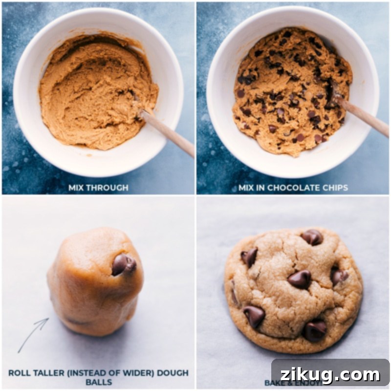 Step-by-step visuals for creating luscious Peanut Butter Chocolate Chip Cookies – from dough preparation to perfectly baked results Process shots illustrating chocolate chips being folded into the dough, the dough being rolled into perfect balls, and the cookies baking golden brown in the oven