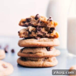 Final image of a stack of thick, soft, and chewy Peanut Butter Chocolate Chip Cookies