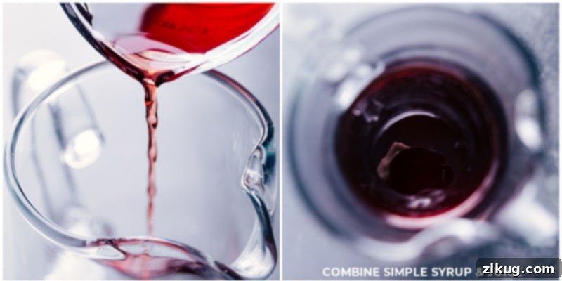 Pomegranate juice and simple syrup being combined into a pitcher, ready for the sparkling water.