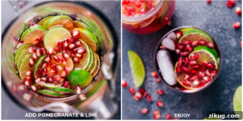 The ultimate holiday drink, Sparkling Pomegranate Juice, served in a cup with fruit garnishes.