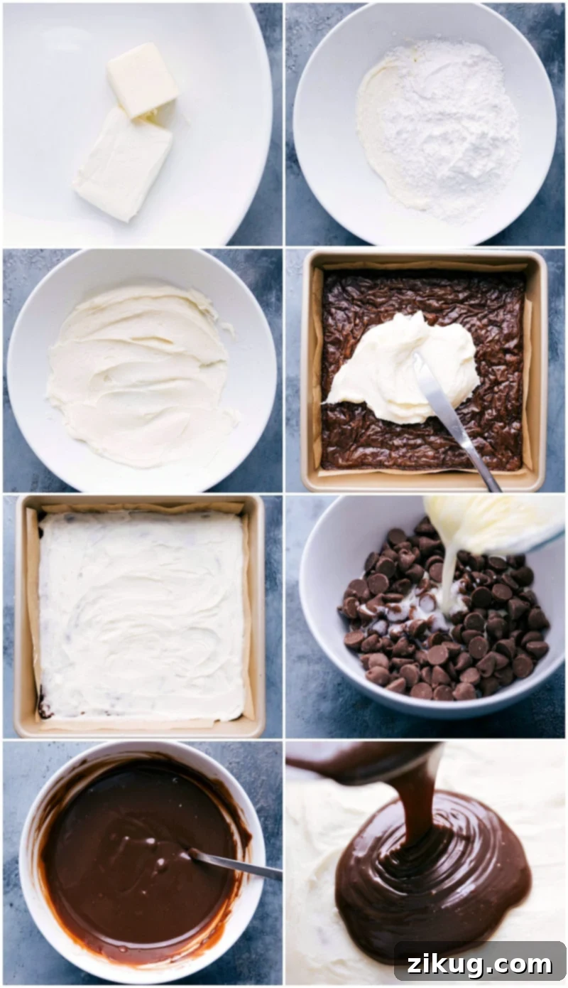 Crafting Layers of Peppermint Frosting and Rich Chocolate Topping Peppermint frosting being skillfully prepared and a smooth chocolate layer poured on top for the peppermint brownies, showcasing the process of layering these delicious treats.