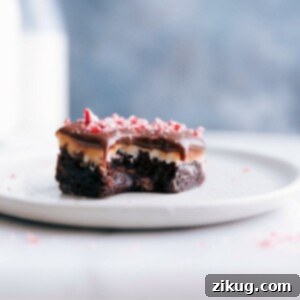 Decadent Peppermint Brownies 2 A luscious peppermint brownie with a bite mark, showcasing its peppermint frosting and rich chocolate ganache topping, presented on a plate.