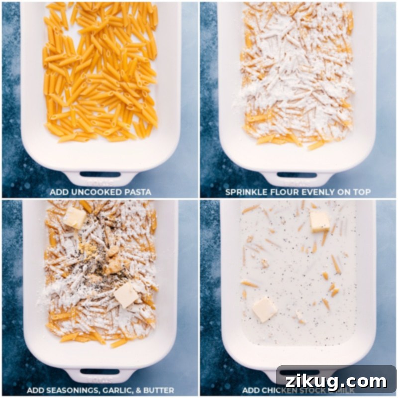 Cheesy Sausage Pasta is all made in ONE baking dish -- the oven does all the work! No need to pre-boil the pasta or pre-cook the sausage, just dump it all in and bake. Recipe via ChelseasMessyApron #dinner #quick #easy #simple #best #onepan #creamy #cheesy #sausage #pasta Process shots showing uncooked pasta, flour, seasonings, garlic, butter, chicken stock, and milk being added into a 9x13 baking dish.