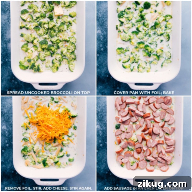 This simple Cheesy Sausage Pasta is all made in ONE baking dish! No need to pre-boil the pasta or pre-cook the sausage, just dump it all in and bake. Recipe via ChelseasMessyApron #dinner #quick #easy #simple #best #onepan #creamy #cheesy #sausage #pasta Process shots of Cheesy Sausage Pasta, showing broccoli, cheese, and sausage being added and mixed into the pasta.