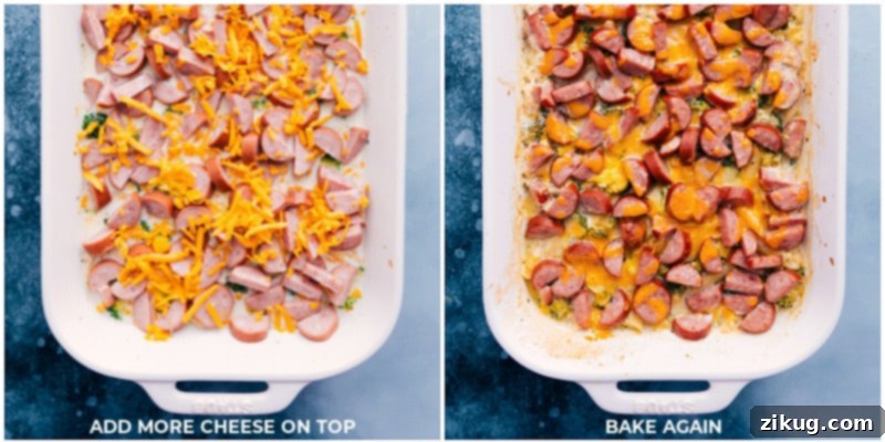 This simple Cheesy Sausage Pasta is all made in ONE baking dish -- the oven does all the work! Recipe via ChelseasMessyApron #dinner #quick #easy #simple #best #onepan #creamy #cheesy #sausage #pasta Process shots showing additional shredded cheese being sprinkled over the Cheesy Sausage Pasta before returning it to the oven for a golden finish.