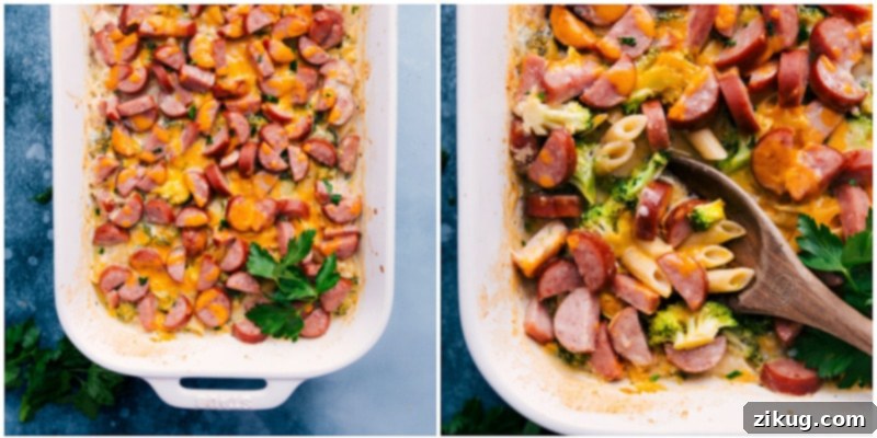 This delicious Cheesy Sausage Pasta is all made in ONE baking dish -- the oven does all the work! No need to pre-boil the pasta or pre-cook the sausage, just dump it all in and bake. Recipe via ChelseasMessyApron #dinner #quick #easy #simple #best #onepan #creamy #cheesy #sausage #pasta Images of the Cheesy Sausage Pasta fresh out of the oven, bubbling and golden, ready to be served.