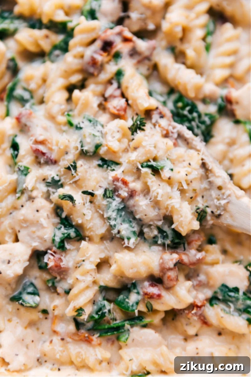 One-Pan Creamy Tuscan Chicken Pasta Overhead image of Creamy Tuscan Chicken Pasta in a baking dish