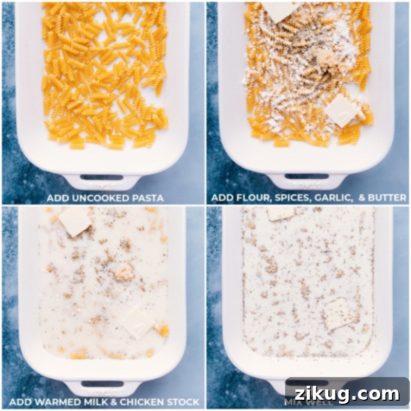 Assembling One-Pan Tuscan Chicken Pasta Ingredients Process shots of adding pasta, flour, spices, garlic, butter, milk, and chicken stock to a 9x13-inch baking pan for Tuscan Chicken Pasta