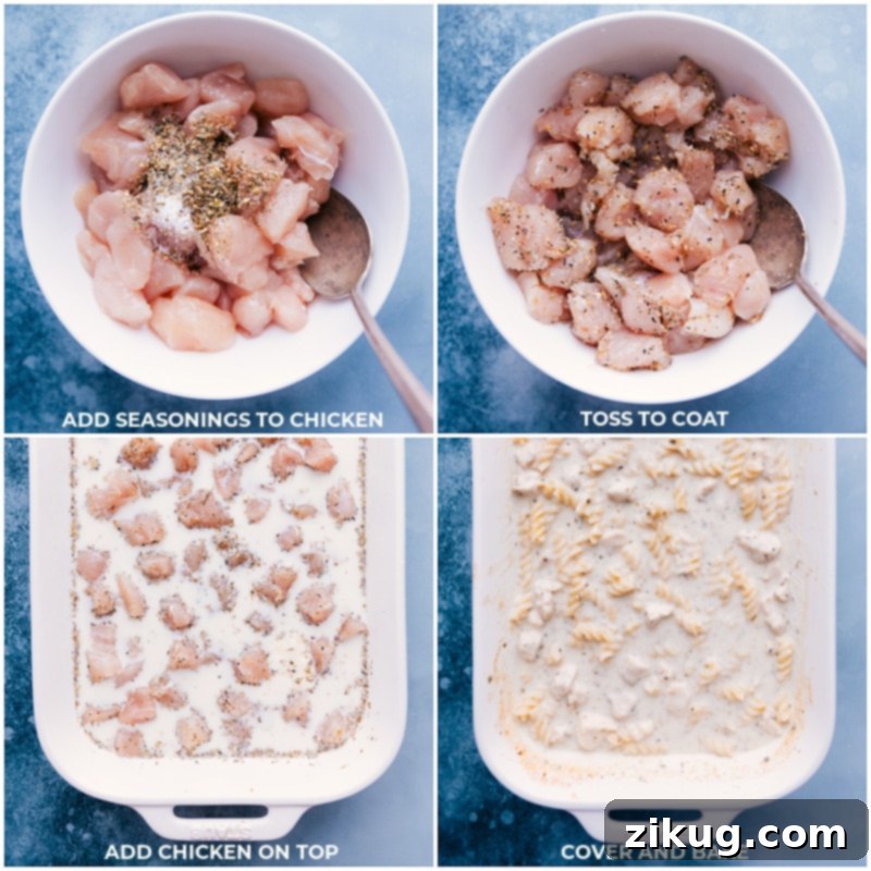 Seasoning and Baking Chicken in One-Pan Tuscan Pasta Process shots of seasoning raw chicken, then adding it to the pan and covering it for baking for Tuscan Chicken Pasta