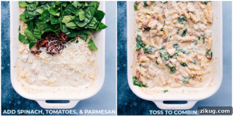 Easy One Pan Tuscan Chicken Pasta 3 Close-up of creamy Tuscan chicken pasta garnished with fresh herbs