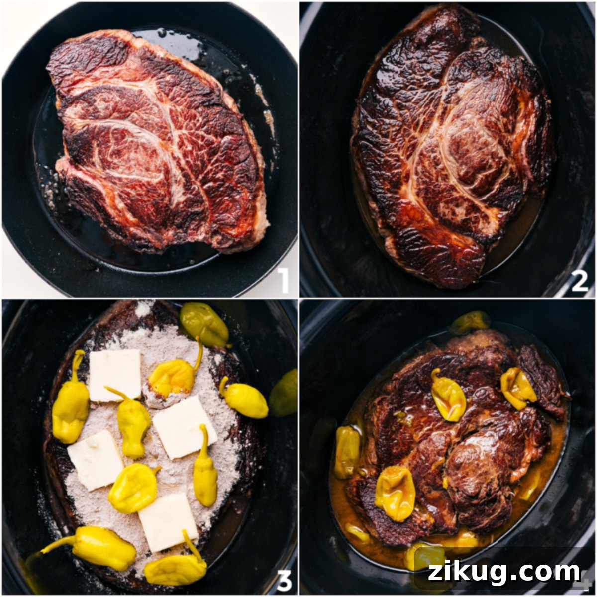 How To Make Crockpot Mississippi Pot Roast: Easy Steps Step-by-step process of making Crockpot Mississippi Pot Roast: the seared chuck roast is added to the crockpot, then topped with butter, seasoning mixes, and pepperoncini, ready for slow cooking.