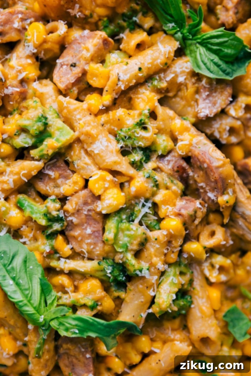Overhead image of a vibrant Healthy Pasta Bake, showcasing creamy texture and colorful ingredients.