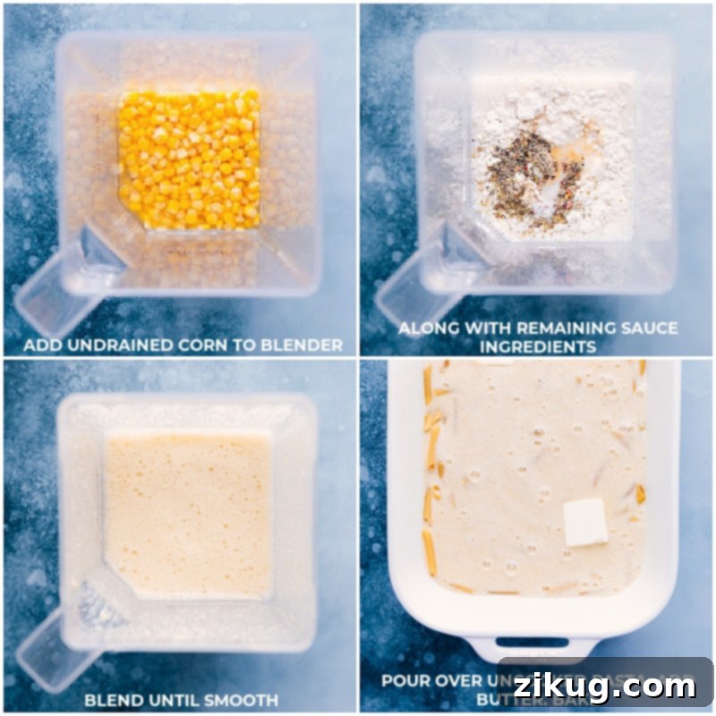 Process shots showing ingredients blending for the creamy corn sauce and then mixed with pasta in a baking dish.