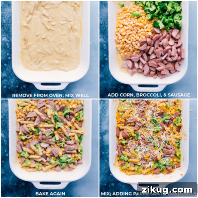 Stages of baking: adding corn, broccoli, sausage to the pasta bake, then stirring in Parmesan for a creamy finish.