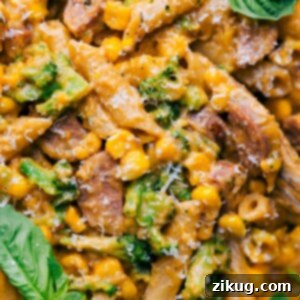 A close-up shot of the finished Healthy Pasta Bake, showcasing its golden-brown top and creamy interior.