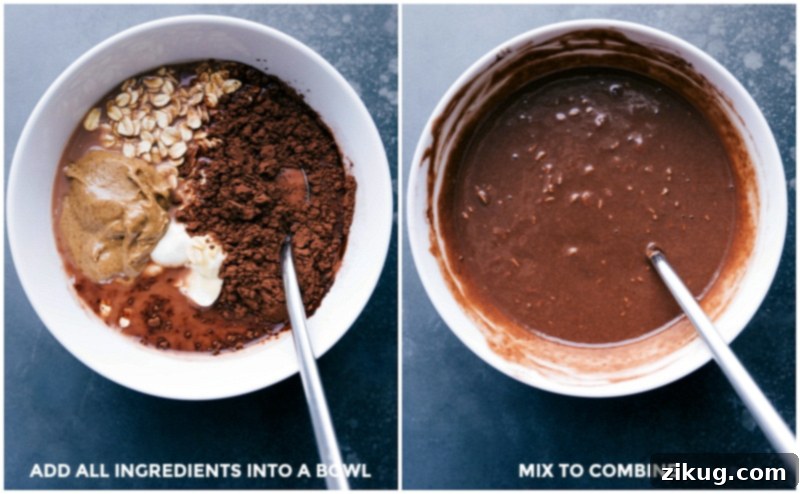Preparing Chocolate Almond Overnight Oats: Mixing Ingredients Various ingredients for Chocolate Almond Overnight Oats being added to a mixing bowl, showcasing the preparation process before combining.