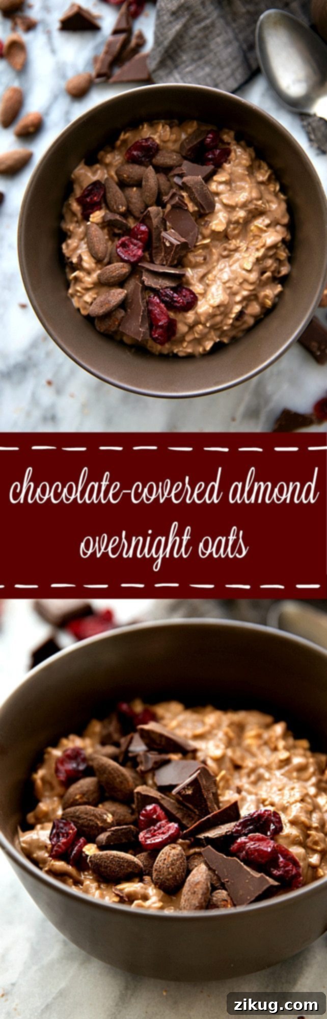 Overnight oatmeal flavored to taste like chocolate-covered almonds. Add in some dried cranberries and enjoy a delicious, quick, & easy seasonal breakfast!
