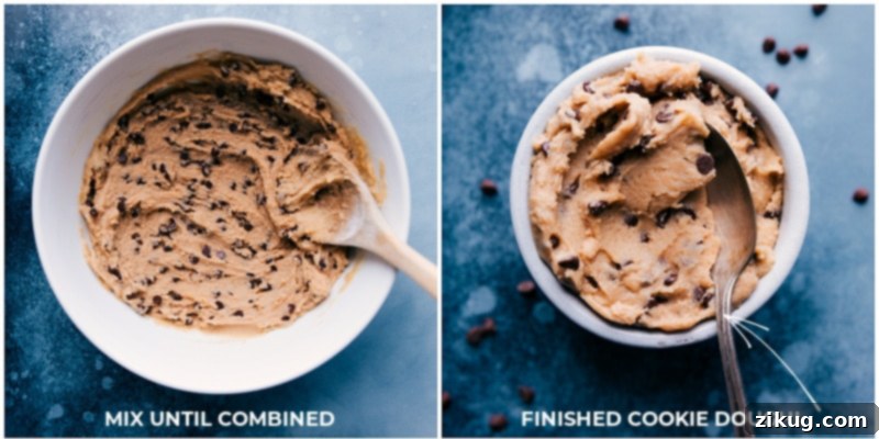 Detailed steps for mixing the edible cookie dough to perfection. Process shots demonstrating the mixing of the edible cookie dough