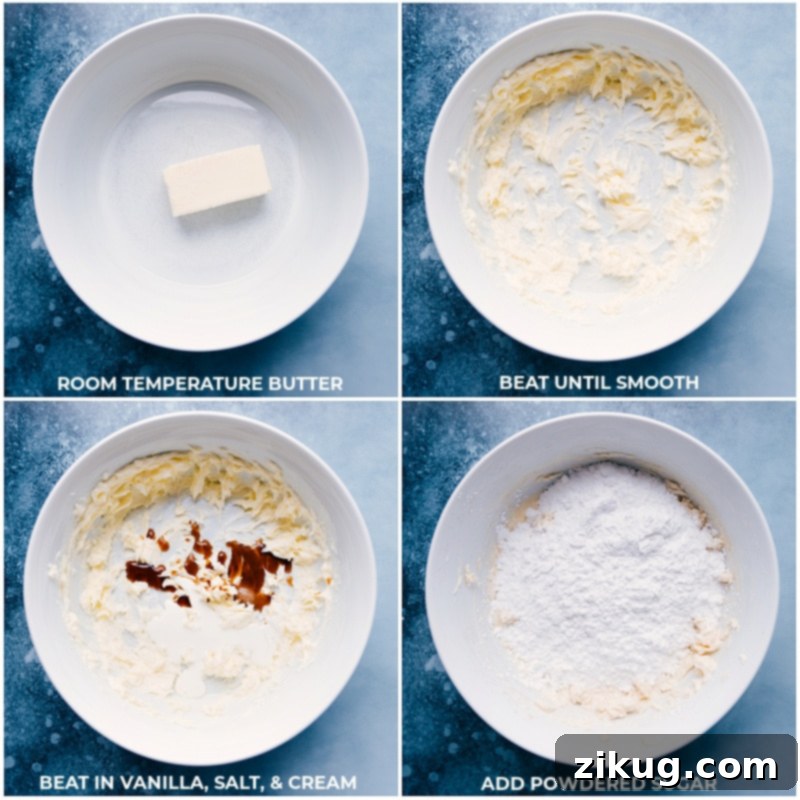 Steps involved in creating the perfect vanilla buttercream frosting base. Process shots illustrating the making of the vanilla buttercream frosting