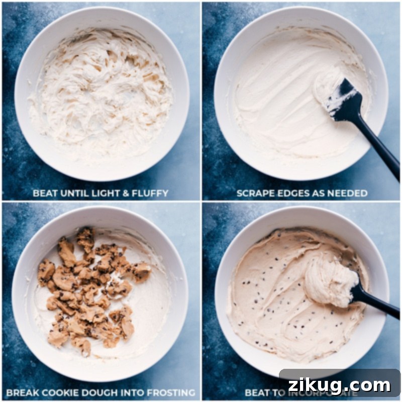 The final blend: edible cookie dough mixed into creamy frosting for perfect Cookie Dough Frosting! Process shots demonstrating the final step of combining cookie dough and frosting