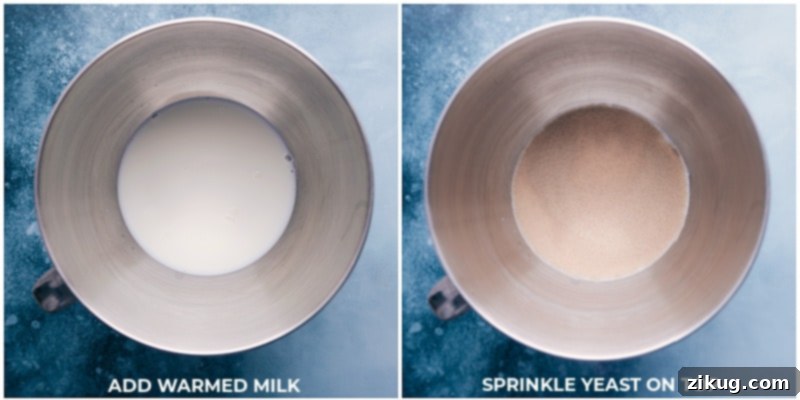 This is our go-to, favorite White Bread recipe made with only six common ingredients. Instead of making a grocery run first, you may already have everything you need! Recipe via ChelseasMessyApron #homemade #best #quick #easy #dough #white #bread Process shots showing warm milk and yeast being sprinkled, starting the dough activation.