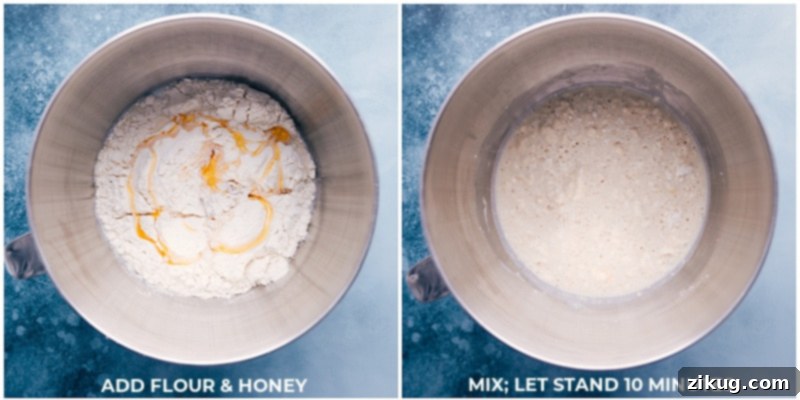 This is our go-to, favorite White Bread recipe made with only six common ingredients. Instead of making a grocery run first, you may already have everything you need! Recipe via ChelseasMessyApron #homemade #best #quick #easy #dough #white #bread Process shots of White Bread-- Adding honey and flour to the yeast; letting it stand for 10 minutes
