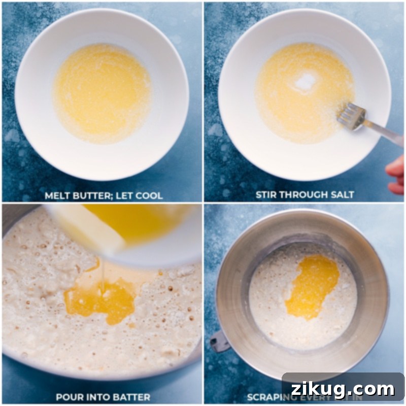 This is our go-to, favorite White Bread recipe made with only six common ingredients. Instead of making a grocery run first, you may already have everything you need! Recipe via ChelseasMessyApron #homemade #best #quick #easy #dough #white #bread Process shots-- melt the butter and allow to cool; stir in the salt; pour this mixture into the batter.