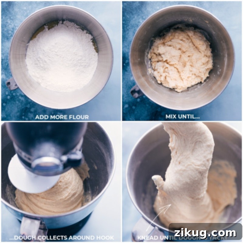 This is our go-to, favorite White Bread recipe made with only six common ingredients. Instead of making a grocery run first, you may already have everything you need! Recipe via ChelseasMessyApron #homemade #best #quick #easy #dough #white #bread Process shots of White Bread-- add more flour; mix until dough collects around the hook; knead until the dough is tacky