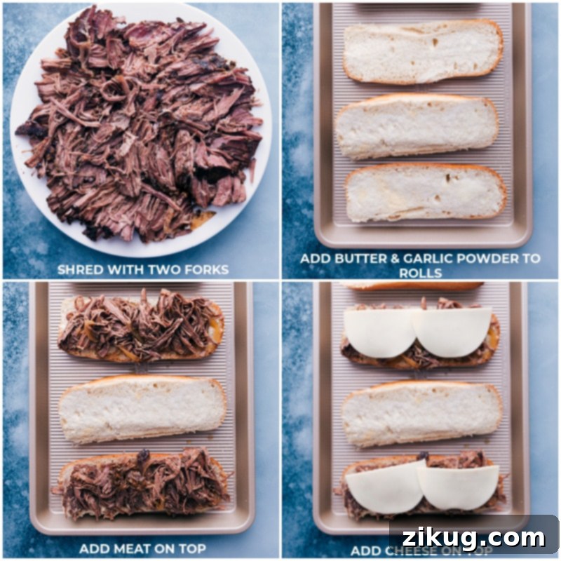 Our favorite French Dip Sandwich is loaded with fall-apart tender beef topped with melty cheese in a toasted garlic-seasoned hoagie roll. The slow cooker does the work to get the meat ultra tender and the sandwiches come together quickly & easily! Dip the sandwiches in the juices leftover in the slow cooker -- no extra work required! Recipe via ChelseasMessyApron #dinner #quick #easy #simple #best #aujusu #lunch #favorite #familyfriendly #frenchdip #sandwich Process shots of French Dip Sandwiches: tender meat being added to the toasted bread, followed by slices of cheese on top, ready for melting.