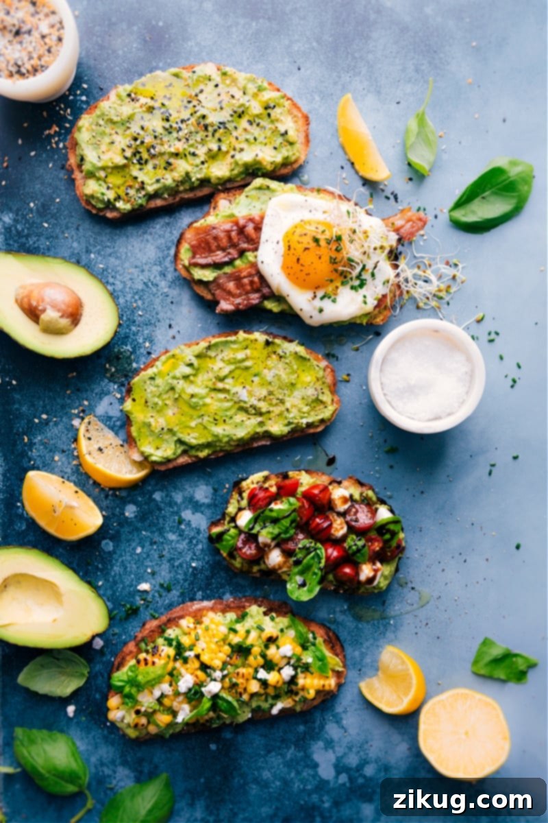 Overhead image of the different avocado toast variations