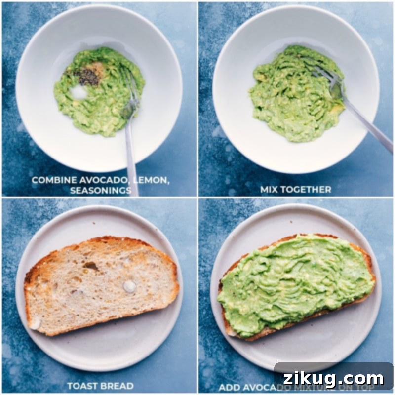 Process shots--mash avocado with lemon and seasonings; toast the bread; top the toast with avocado mixture