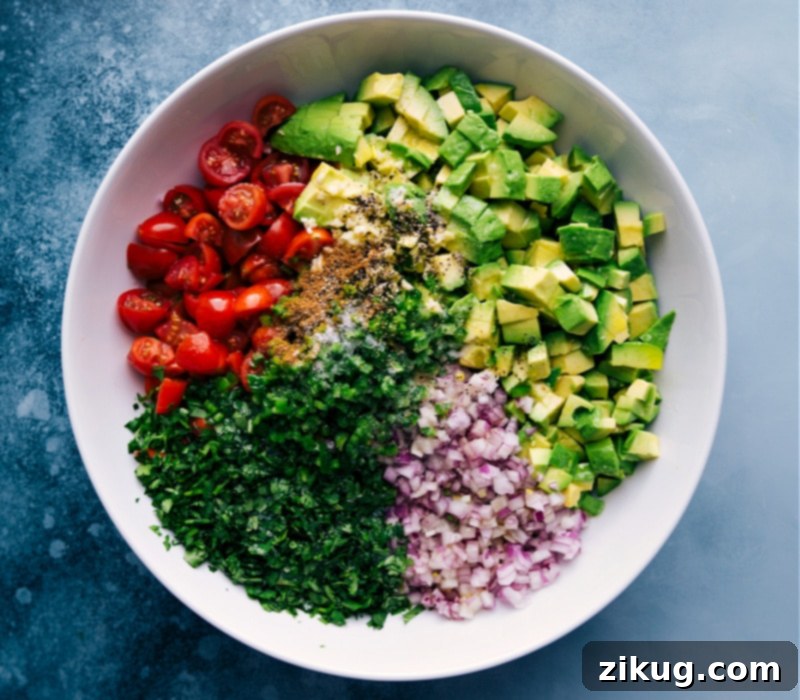 Process shots of Avocado Salsa, showing chopped ingredients being added to a large mixing bowl