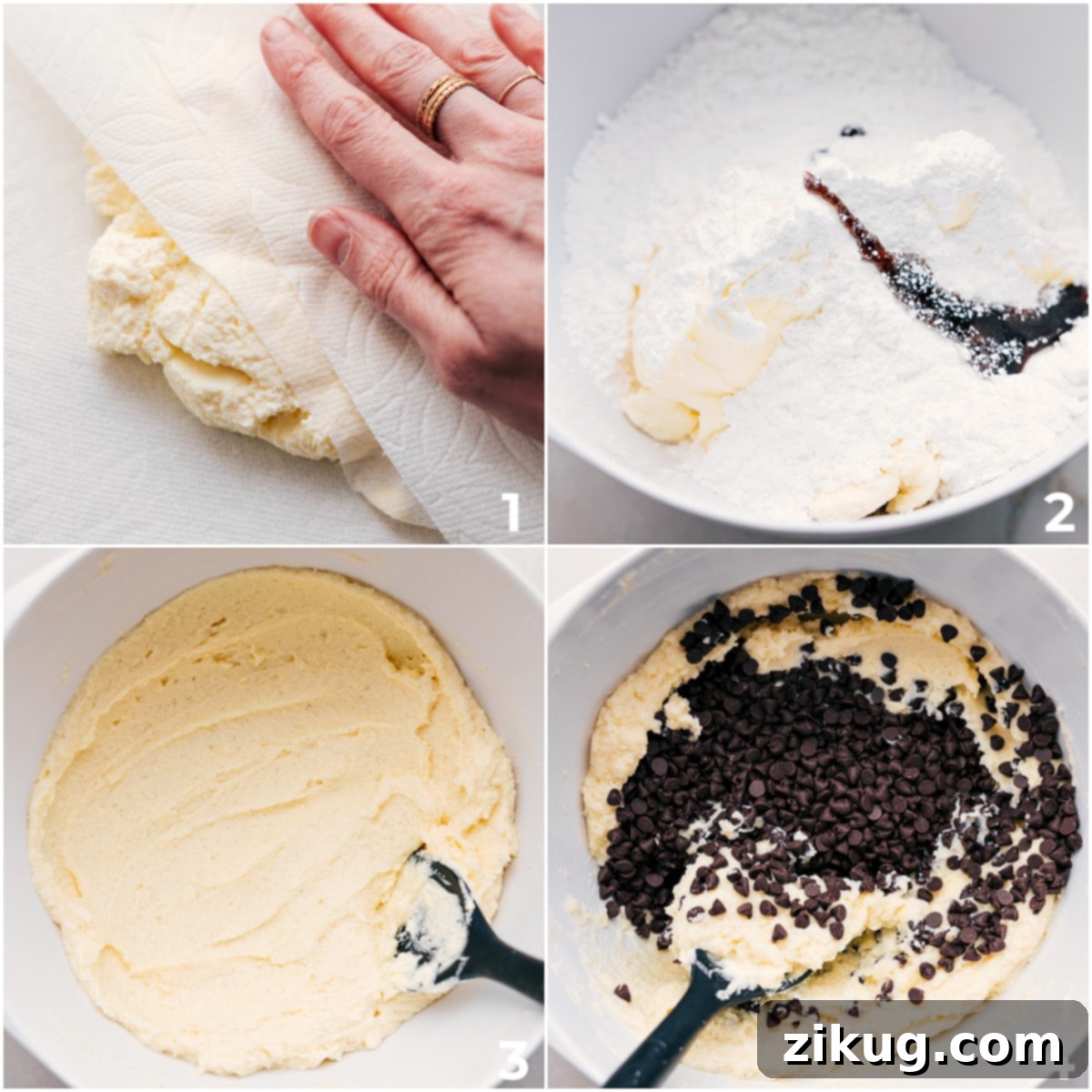 How To Make Cannoli Dip Patting dry the ricotta/mascarpone then adding all the ingredients into a bowl and mixing it together for this cannoli dip recipe.