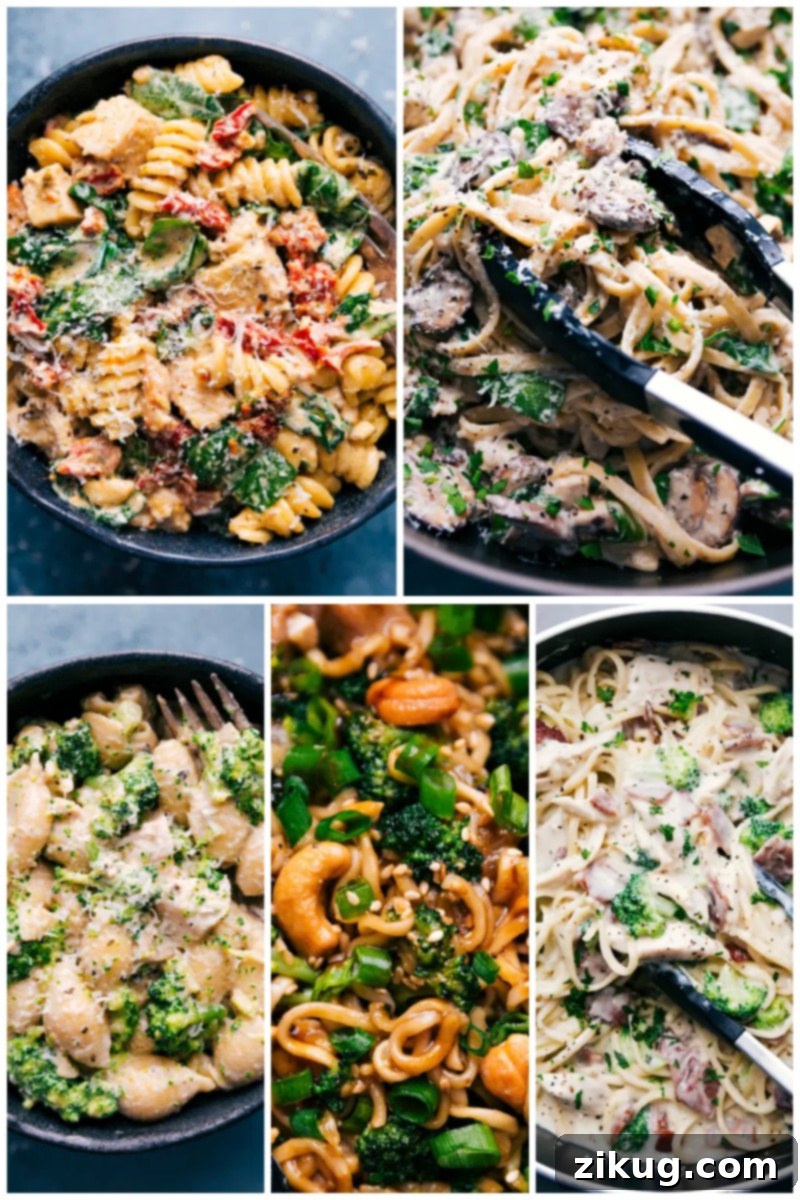 Collection of the best chicken pasta recipes Collage of five different chicken and pasta dishes, featuring various pasta shapes and sauces.