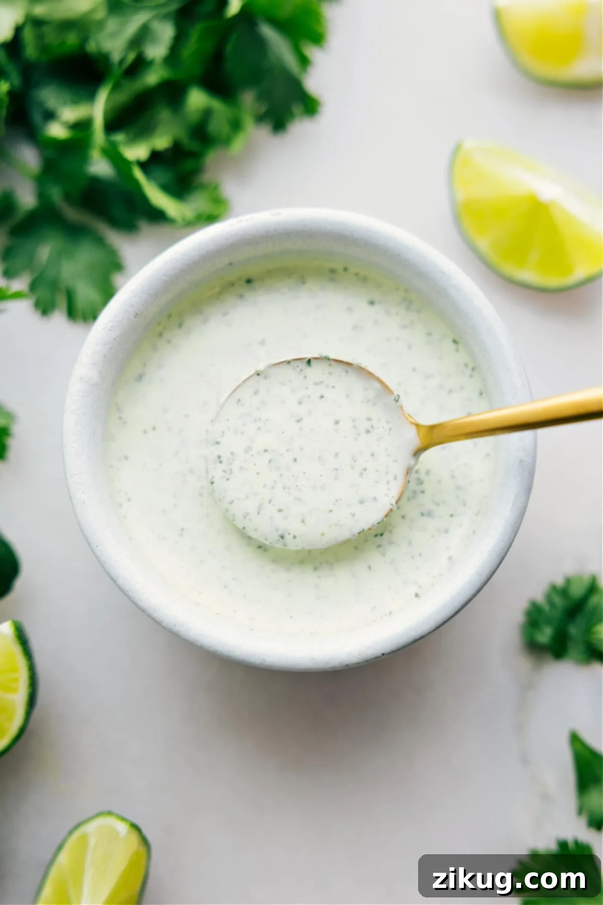 Vibrant Cilantro Lime Sauce in a ceramic bowl, with a spoonful being lifted, showcasing its creamy texture.