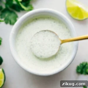 Cilantro Lime Sauce in a bowl with a spoonful coming up.