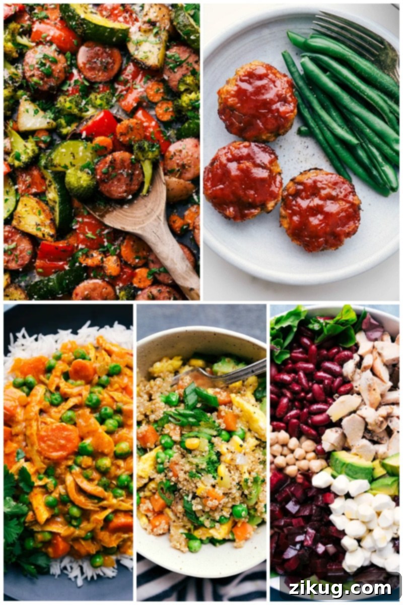 30 healthy dinner recipes all compiled together to help save you hours of searching to meal plan! #dinner #quick #easy #simple #best #familyfriendly #kidfriendly #cleaneating #wholefood #healthy #dinner #recipes Overhead image of 5 healthy dinner recipes, showcasing colorful and fresh ingredients.
