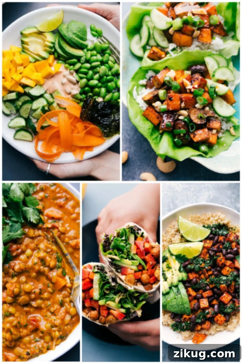 Our favorite 30 healthy dinner recipes! #dinner #quick #easy #simple #best #familyfriendly #kidfriendly #cleaneating #wholefood #healthy #dinner #recipes 5 images of different vibrant and appealing vegetarian dishes.