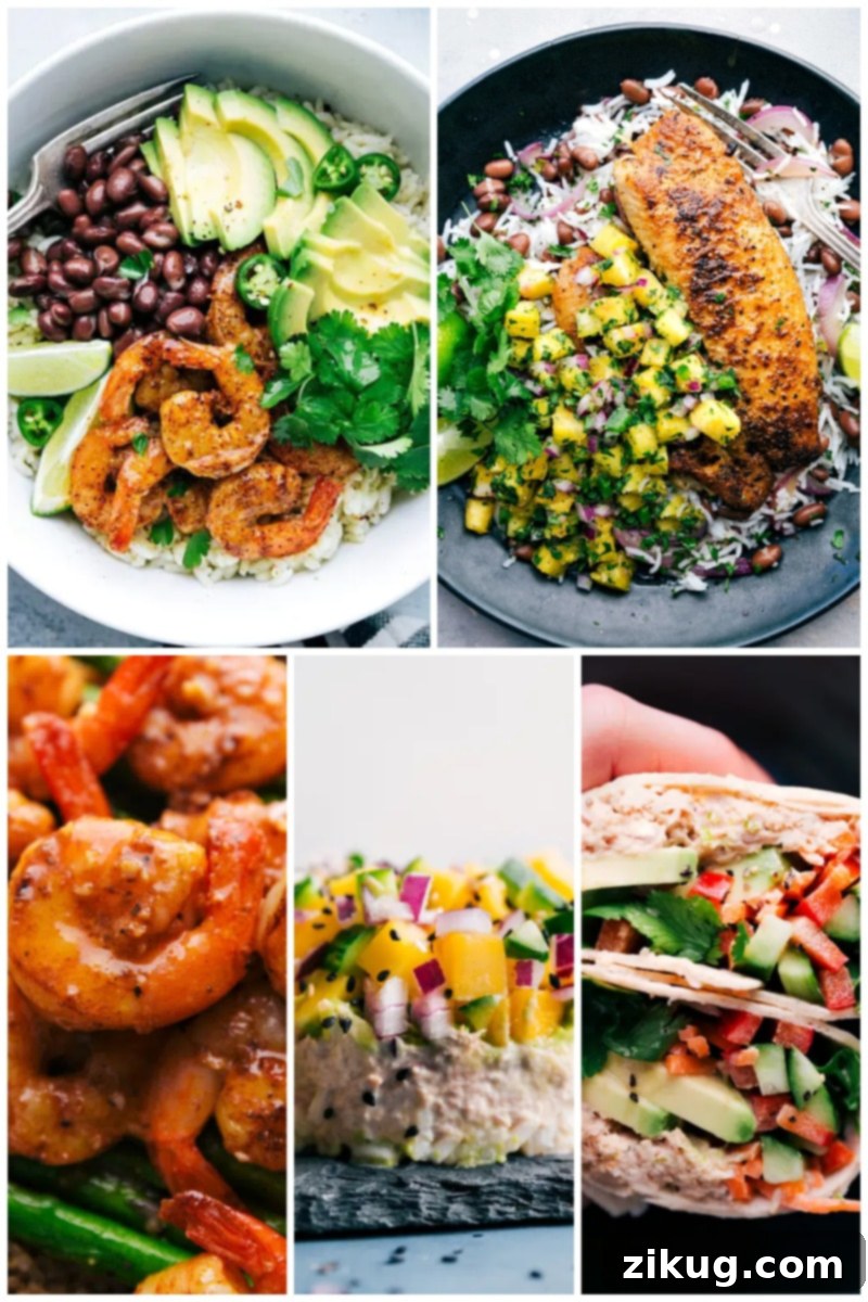 Our families favorite 30 healthy dinner recipes! #dinner #quick #easy #simple #best #familyfriendly #kidfriendly #cleaneating #wholefood #healthy #dinner #recipes Images of 5 different tantalizing seafood dishes, showcasing fresh and vibrant preparations.