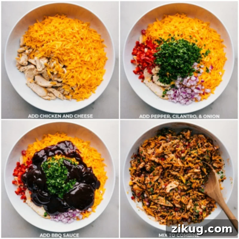 Step-by-step image of combining all the delicious ingredients for BBQ Chicken Wraps. Process shots showing shredded chicken, chopped cilantro, diced red onion, red bell pepper, BBQ sauce, and shredded sharp Cheddar being combined in a large bowl.